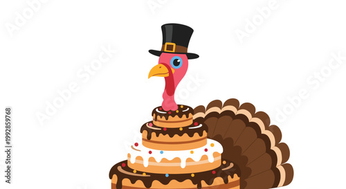 Funny Thanksgiving turkey wearing a pilgrim hat peeks out from the top layer of a large multi-tiered celebration cake.