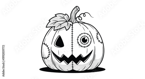 Hand-drawn spooky jack-o-lantern pumpkin features stitched patches and an eye patch in a vintage black and white style.