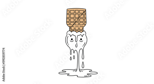 Sad white ice cream scoop with a face melts down from a waffle cone and drips onto the floor in a funny illustration.