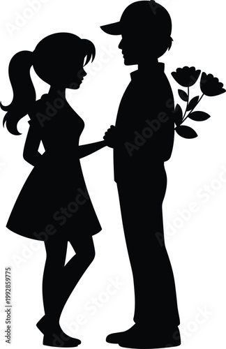Romantic vector silhouette of a young couple, boy hiding flowers behind back for a girl surprise
