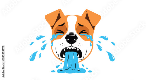 Funny dog face with an exaggerated expression cries many blue tears and has a stream of water coming from its mouth.