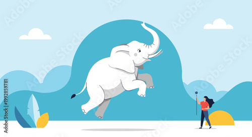 Massive white elephant jumps joyfully in an abstract blue mountain landscape next to a tiny female figure for scale.
