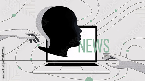 A creative illustration of a person's head emerging from a laptop screen with hands reaching out from the sides