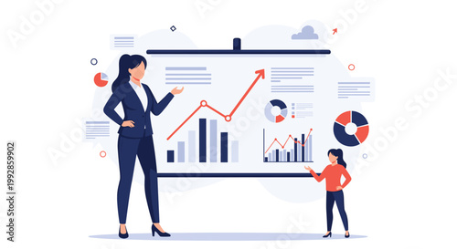 Professional woman presents a data chart on a whiteboard to a young girl to explain business concepts and growth.