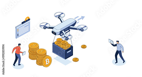 Technological delivery drone transports a heavy shipping container full of golden bitcoin coins to a group of people.