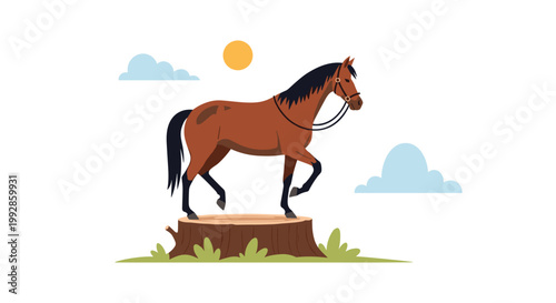 Brown horse stands proudly on a large tree stump in a rural field under a bright sun and blue clouds in the sky.