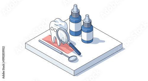 Isometric medical view of professional dental tools including a tooth model magnifying glass and various medicine bottles on a white surface.