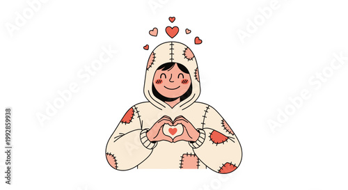 Happy young person wearing a patchwork hoodie while making a heart sign with hands surrounded by floating red hearts.