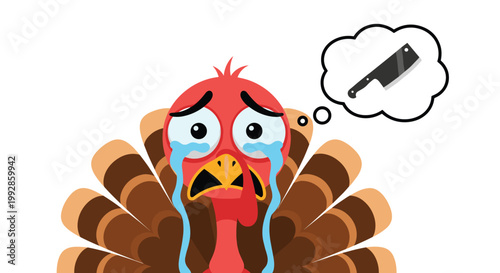 Crying turkey with an upset expression thinks about a sharp butcher knife in a thought bubble for Thanksgiving.