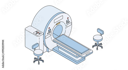 Isometric medical imaging equipment with a scanner table and technician chairs in a clean hospital diagnostic room setting.