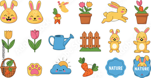 Cute Easter Bunny Spring Nature Icon Set Rabbit Flower Collection