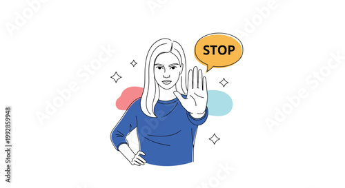 Determined woman raising her hand in a stop gesture with a speech bubble saying stop against a minimalist background.
