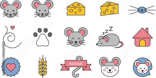 Cute Mouse Pet Icon Set Rat Cheese Animal Cartoon Collection