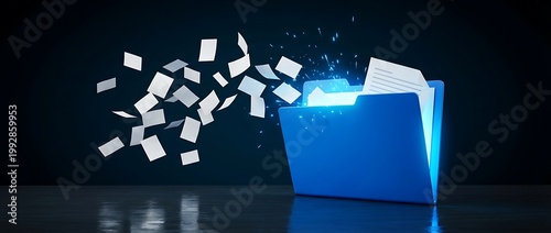 Blue folder with glowing light emanating documents flying out against dark background digital data transfer or cloud storage concept abstract technology.