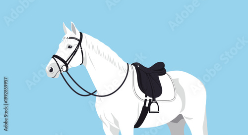 Profile view of a majestic white horse fully equipped with a black leather saddle and bridle against a clear blue background.
