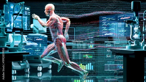 Futuristic Muscle Anatomy in Motion: Male Runner Sprinting with Digital Particle Airflow and Aerodynamic Wind Drag Effects showing Kinetic Energy and Physical Performance, Sports Physiology, 3d render