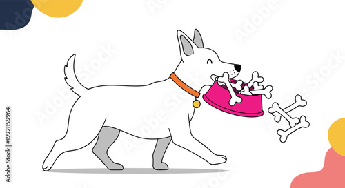 Happy white dog walking with a bright pink food bowl filled with several bones held in its mouth as a reward.