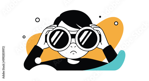 Curious young boy looking through large binoculars with a focused expression in a stylish graphic art illustration.