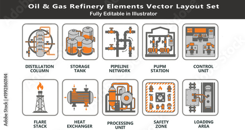 Refinery system vector icons set, top view industrial layout symbols, distillation columns, tanks, pipelines, flare stacks, processing units CAD