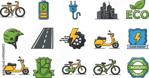 Eco Mobility Transport Icon Set Electric Bike Scooter Energy Collection