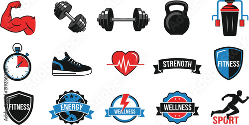 Fitness Gym Workout Icon Set Dumbbell Strength Sport Collection