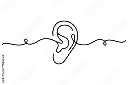 Black continuous line drawing vector of human ear, human hearing organ minimal outline design