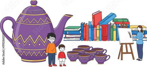 Colorful educational illustration with children, teacher, books, and traditional teapot tea set representing creativity, learning, culture, and artistic classroom environment