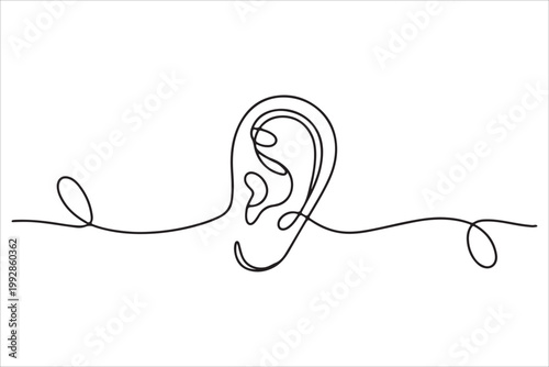 Black continuous line drawing vector of human ear, human hearing organ minimal outline design