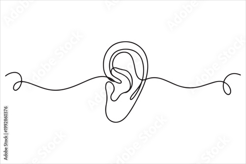 Black continuous line drawing vector of human ear, human hearing organ minimal outline design