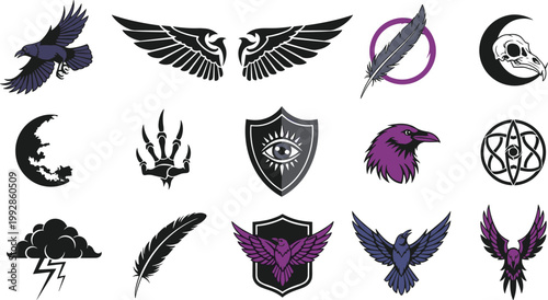 Mystic Raven Gothic Symbol Icon Set Wings Skull Moon Feather Collection