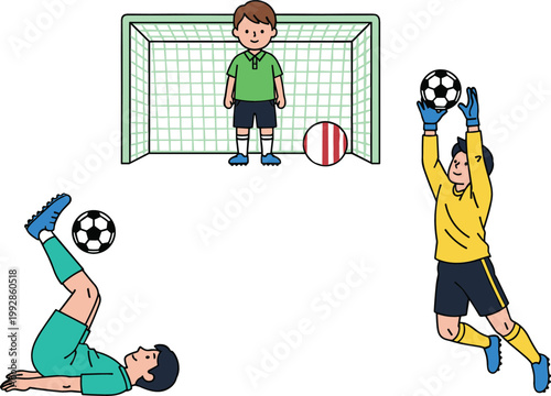 Soccer players training scenes with goalkeeper catching ball, player doing bicycle kick, and child standing in goal in cartoon vector illustration