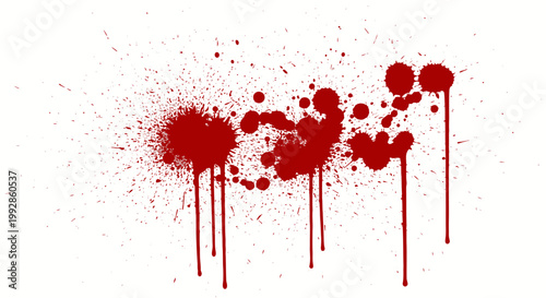 Series of red blood splatters with distinct dripping effects, isolated white background.