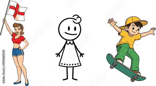 Woman Holding Flag, Simple Stick Figure Girl and Skateboard Boy Trick Cartoon Character Vector Illustration Set