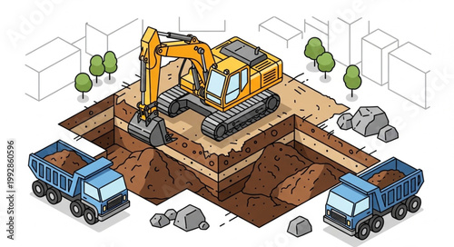 Construction excavator digging a foundation with dump trucks nearby.