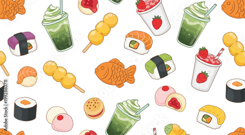 Seamless Japanese Food Pattern with Sushi, Matcha Drinks, Dango, Taiyaki, and Cute Dessert Elements for Textile, Packaging, Wrapping Paper, and Background Design