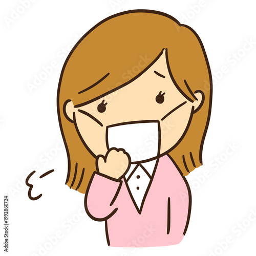 マスクをして咳き込んで辛そうな女性の手描きイラスト