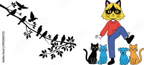 Silhouette birds on branch and cute cat girl character with colorful kittens in playful cartoon vector illustration set for creative design