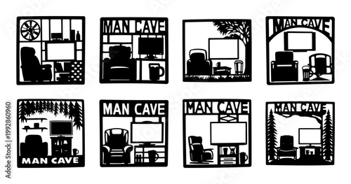 Man Cave Metal Wall Art Panels Set- Collection of metal wall art panels featuring “Man Cave” themes with bold silhouettes and lifestyle scenes, perfect for garages and personal retreats.