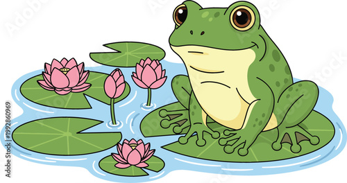 Cute green frog sitting on lily pad with pink lotus flowers in pond water, nature themed cartoon vector illustration for children design