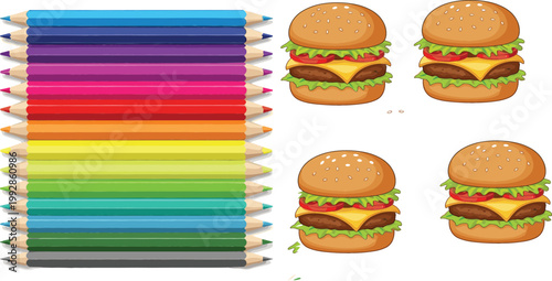 Colorful stacked colored pencils set with delicious cheeseburgers illustration, combining school supplies and fast food in vibrant playful cartoon vector design