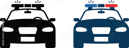 Police car symbol vector illustration, cop vehicle with flashing lights and siren for law enforcement, emergency services, public safety, and transportation design projects.