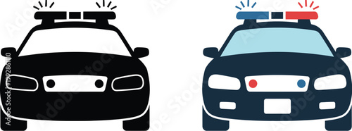 Police car symbol vector illustration, cop vehicle with flashing lights and siren for law enforcement, emergency services, public safety, and transportation design projects.