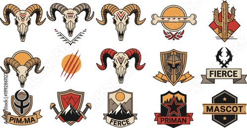 Ram Skull Mascot Badge Emblem Logo Set Horned Animal Collection