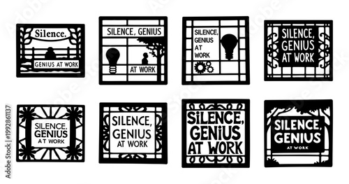 Silence Genius Quote Metal Wall Art Designs- Set of metal wall art panels featuring inspirational quotes about silence and genius, combined with decorative patterns for stylish modern interior decor.