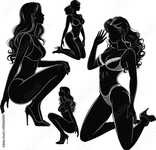 Vector set of elegant woman silhouettes in lingerie, posing in crouching and kneeling positions with high heels