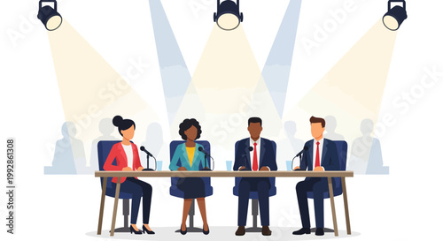 Diverse panel of professionals sitting at a table with microphones.