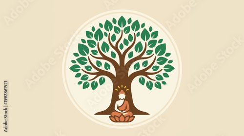 A minimalist flat design vector illustration of a stylized Bodhi tree, representing enlightenment and the sacred site of Buddha's awakening.
