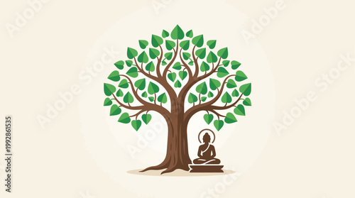 A minimalist flat design vector illustration of a stylized Bodhi tree, representing enlightenment and the sacred site of Buddha's awakening.