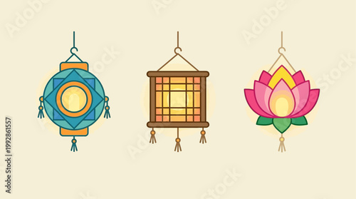 A charming flat design vector icon collection featuring various traditional Vesak lanterns, symbolizing light and hope during the celebration.