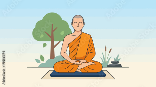 A peaceful flat design vector illustration of a Buddhist monk in meditation, capturing a moment of tranquility and spiritual focus.